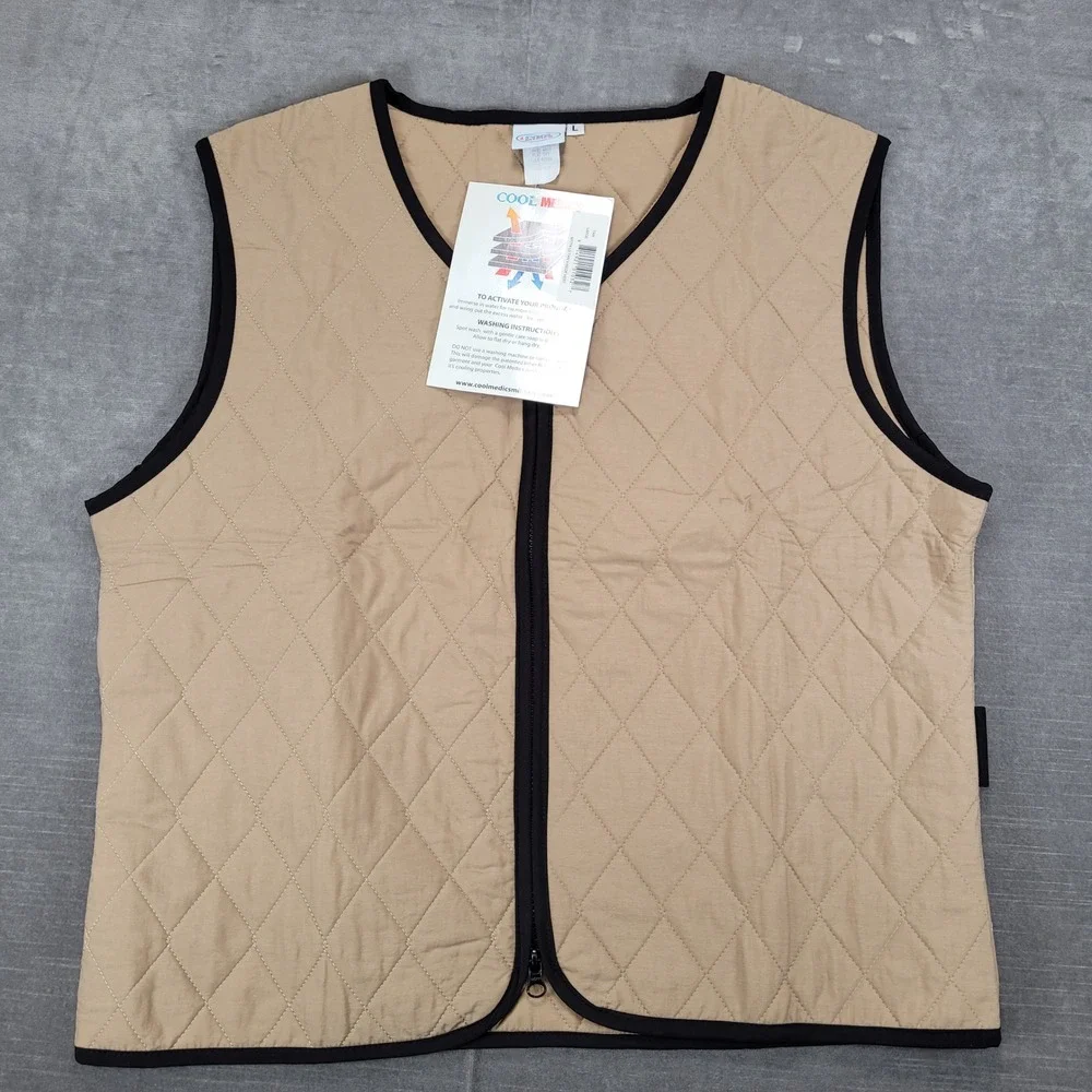 Cool Medics Cooling Vest Tan Black Trim V-Neck Zip‎ Up Large Mens New
